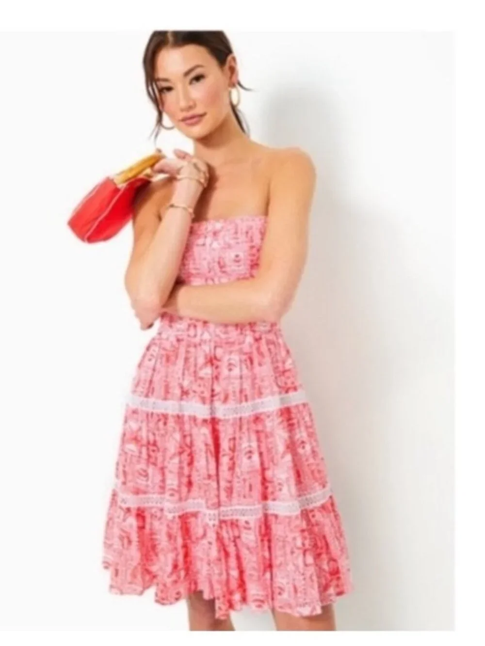 Lilly Pulitzer Mizner red (pink) L Strapless Smocked Tiered Mini Kelvina Dress - Picture 2 of 14